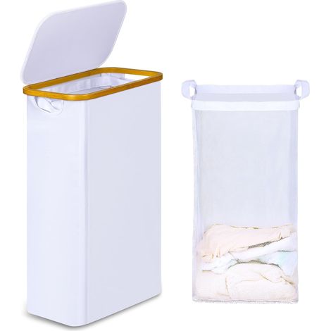 Zusammenklappbarer Wäschekorb aus Bambus mit Deckel, 60 l, schmal, mit herausnehmbarem und waschbarem Innenbeutel, für Waschküche, Schlafzimmer, Badezimmer (weiß) (1/5)