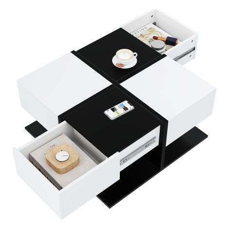 Table basse de style moderne — Bicolore noir et blanc — Dotée de 2 tiroirs  Table basse carrée pour salon avec rangements  Finition haute brillance et rails à glissement fluide