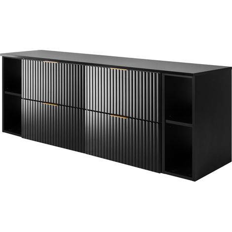 Furnidea - Meuble sous vasque FLOW NOIR 160 cm avec 2 x l'étagères - extensions et plan - 4 tiroirs - façades rainurées (1/5)