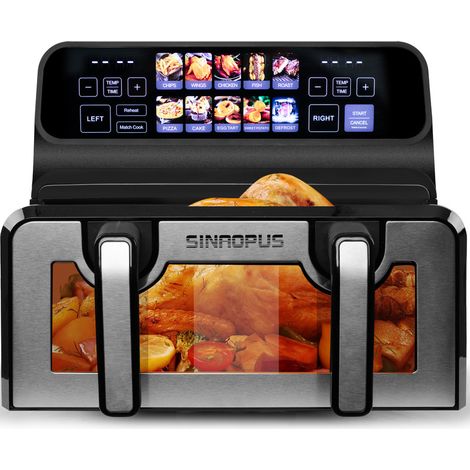 9L Doppelkammer Heißluftfritteuse 2200W mit 2×4,5L Körben, 10 Programmen, Sichtfenster, Farb-LED-Touchdisplay und Innenlicht