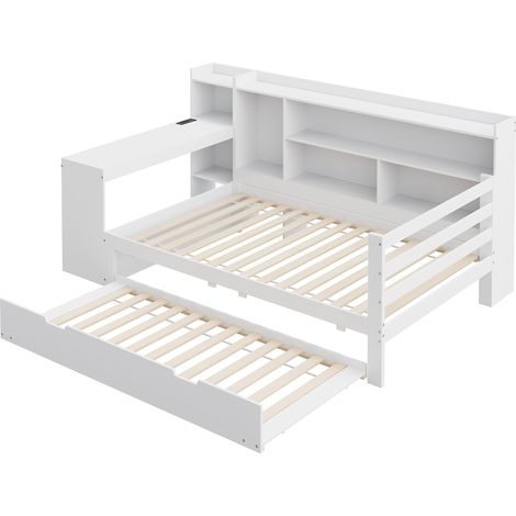 Lit multifonction en bois blanc 90 x 200 cm avec lit gigogne, bureau, rangements et prise (1/5)