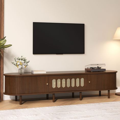 REDOM Mueble TV ovalado de ratán 180x40x40 cm puerta enrollable y puerta abatible, color nogal (1/5)
