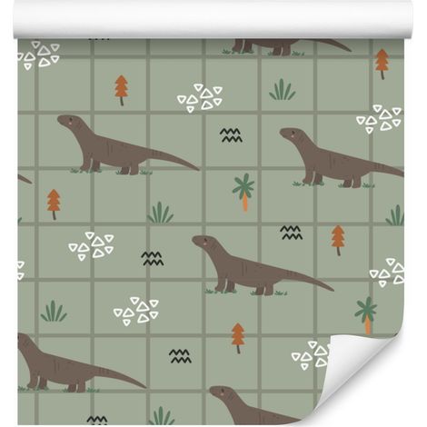 Papier peint à motif de faune et de flore tropicales, vert citron et marron, 50 x 1000 cm (1/5)