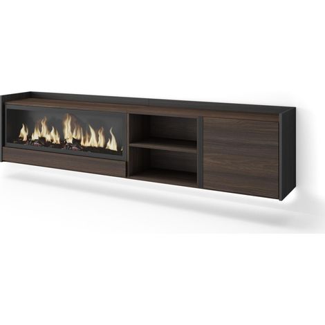 Skraut Home - Mueble TV, Televisión, Muebles de salón, almacenaje, 212x35x50cm, Para TV hasta 80", Chimenea eléctrica XXL, Colgado, Suspendido, LED, Estilo Moderno, Roble oscuro y Negro (1/5)