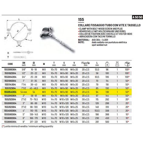155 Collare fissaggio tubo ø54 con vite e tassello inox 304 155054304
