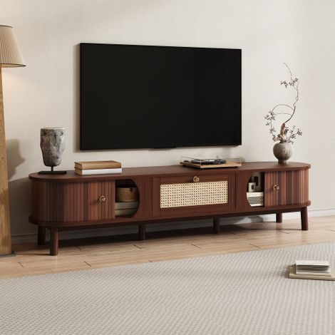 Meuble TV bois massif et rotin 170cm, buffet bas scandinave avec portes coulissantes et tiroirs, meuble de salon robuste - Noyer (1/5)