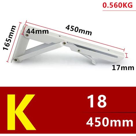 (K-18x2-Blanc-FR) Lot de 2 équerres triangulaires pliables blanches, réglables, à roulement à billes, pour étagères, tables et bancs. Support mural robuste et durable. (1/5)