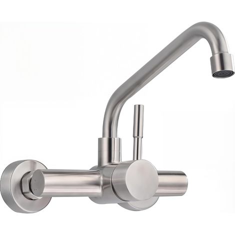 2-Modus-Wand-Küchenarmatur, 360° drehbarer Wand-Küchenmischer, Einbau-Einhebelmischer aus Edelstahl 304, abnehmbarer Luftsprudler (gebürstet)