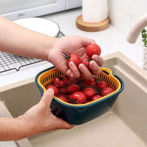 Panier de lavage de légumes - 8 en 1 - Double couche - Gris blanc - Bec verseur PASSOIRE (1/5)
