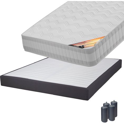TAHITI - Pack Matelas 160x200 + Sommier Tapissier Démontable 2x20 Lattes Anthracites + Pieds Anthracites 15cm (1/5)