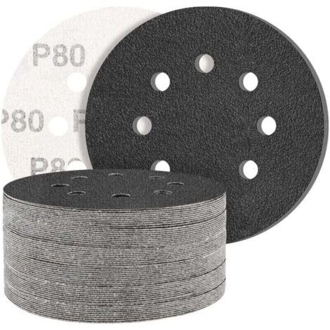 Pack of 50 black silicon carbide abrasive discs, 80 grit, for 8-hole round random orbital sander - Mixed grit - For polishing