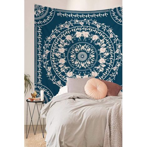 Tenture murale Bohème Mandala 130x150cm, jeté de lit décoratif nature pour salon, chambre, dortoir, couvre-lit bleu, décoration ethnique intérieur (1/3)