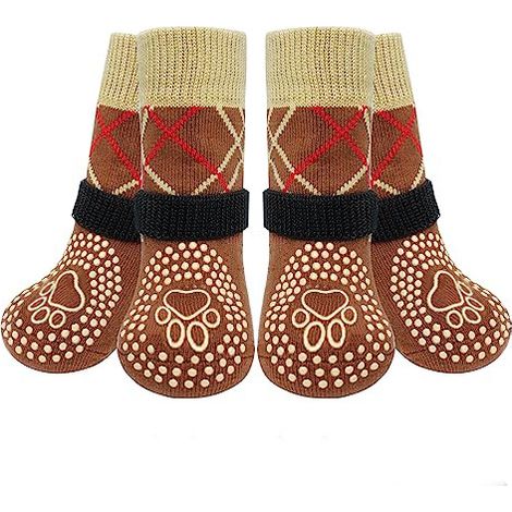 Braune Haustiersocken, Größe XS, sehr klein, 4,5 x 12 cm, 4er-Pack, rutschfeste Hundesocken. (1/5)