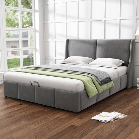 Lit coffre 160x200 cm en velours gris, tête de lit oreiller avec oreilles, sommier inclus, lit rembourré hydraulique double, sans matelas (1/5)