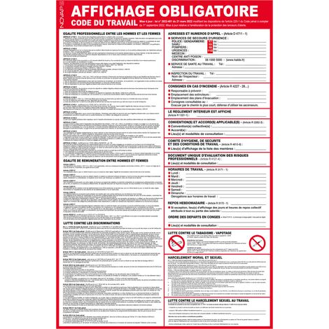 Novap – Panneau d'obligation code du travail 400x600mm – Résistant aux UV – Matière PS (Polystyrène) – 4300832