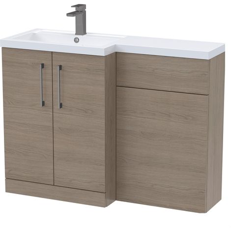Balterley Left-Hand Bathroom Vanity and WC Unit Combination with Basin - 1100mm - Woodgrain Mid Oak with Brushed Pewter Handles (1/5)