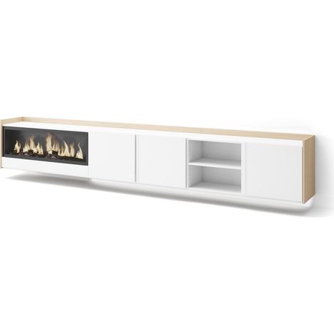 Skraut Home - Mueble TV, Televisión, Muebles de salón, almacenaje, 315x35x50cm, Para TV hasta 80", Chimenea eléctrica XXL, Colgado, Suspendido, LED, Estilo Moderno, Blanco y roble soft (1/5)