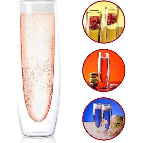 Flûtes à champagne en verre de 150 ml à double paroi, faciles à utiliser et à nettoyer, résistantes, idéales comme cadeau. (1/4)