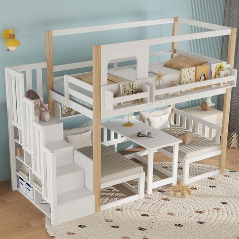 Lit superposé enfant 90 x 200 cm multifonction avec bureau réglable en hauteur, Lit Mezzanine en Bois étagère intégrée et escalier de rangement,  gain de place pour chambre d'enfant