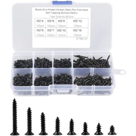 800 Pièce M2 Jeu de vis Autotaraudeuses à TêteFraisée en Acier au Carbone noir, Kit de Fixation du Bois Avec Boîte (1/5)