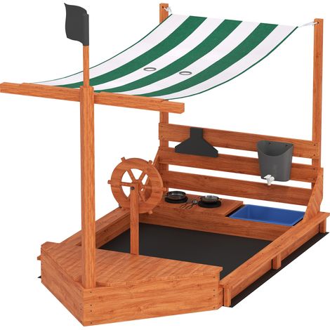 Bac à sable bois massif bateau pirate avec cuisine enfants pare-soleil vert 180 x 103 x 144,5 cm