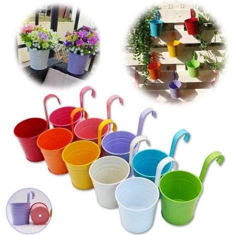 Lot de 10 Pots de Fleurs à Suspendre en métal avec Trou de Drainage Crochet Amovible Assortiment de Couleurs (1/5)