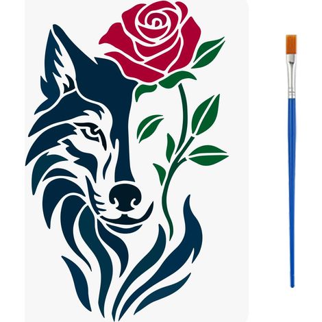 Pochoirs Loup Rose Avec Un Pinceau 29.7x21cm Pochoirs de Peinture de Visage de Loup Pochoir de Loups de Fleur Pet Réutilisable Modèle de Décoration Thème Animal pour Meubles Sol Mur Bois (1/5)