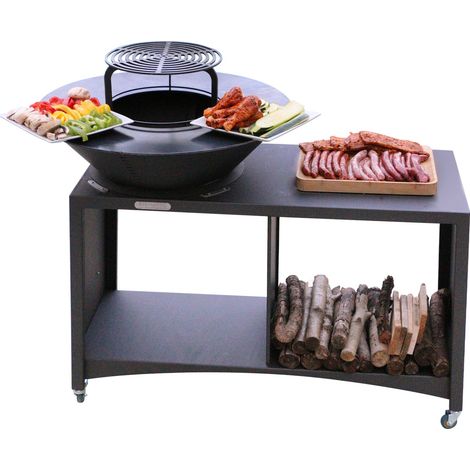 Monmobilierdesign – Brasero îlot en acier avec plaque et grille amovible – Barbecue plancha extérieur Ø 75 cm – 2 compartiments de rangement – 4 roulettes avec freins (1/5)