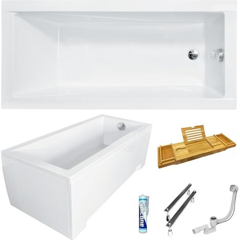 ECOLAM Baignoire rectangle Modern 140x70 cm + tablier  Planche de bain réglable 100% Bambou  pieds siphon silicone  set complet (1/5)