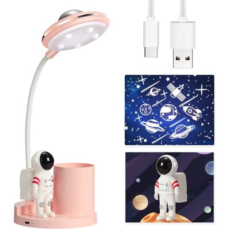 Schreibtischlampe, Schreibtischlampe für Kinder, dimmbare kabellose Tischlampe, wiederaufladbare Schreibtischlampe mit Projektion und Stifthalter (Pink)