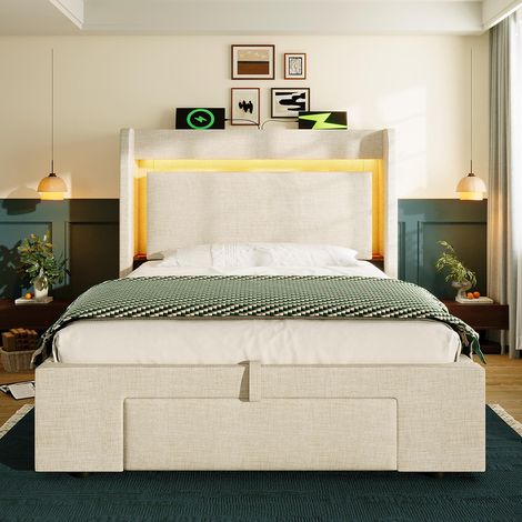 Lit adulte avec rangement hydraulique et compartiment de rangement, éclairage LED et ports USB et USB-C, beige, lin-90x200 cm (1/5)