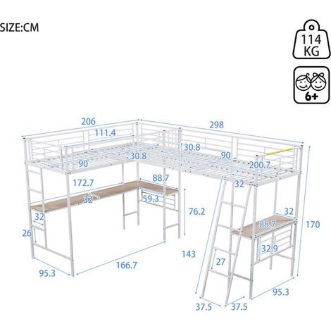 Lit mezzanine 2x90x200 cm Cadre de lit en fer avec bureau & 2 escaliers,lits superposés - étagères & Garde-corps de sécurité,blanc (1/5)