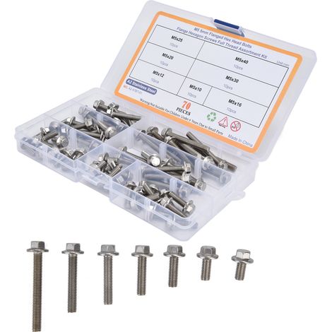 Assortiment de 70 boulons hexagonaux fraisés M5 en acier inoxydable avec vis à embase, kit de fixation complet.