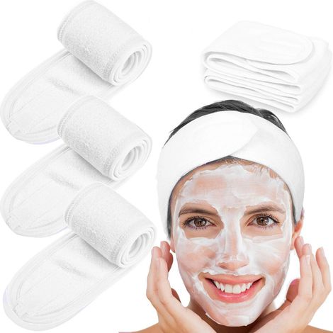 Fascia per il viso - Fascia per il trucco - Foulard di bellezza - Chiusura in velcro - Regolabile - Adatta per il bagno, il trucco e lo sport - Confezione da 4 - Bianca