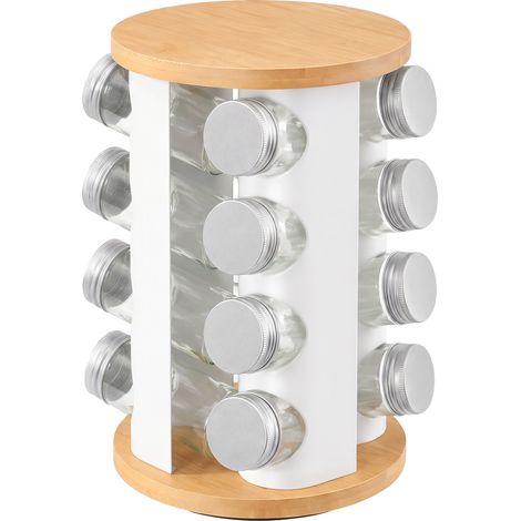Étagère à Épices Rotative avec 16 Pots, Organisateur de Cuisine à 4 Niveaux, 18 x 18 x 27,6 cm, Blanc et Bambou (1/5)