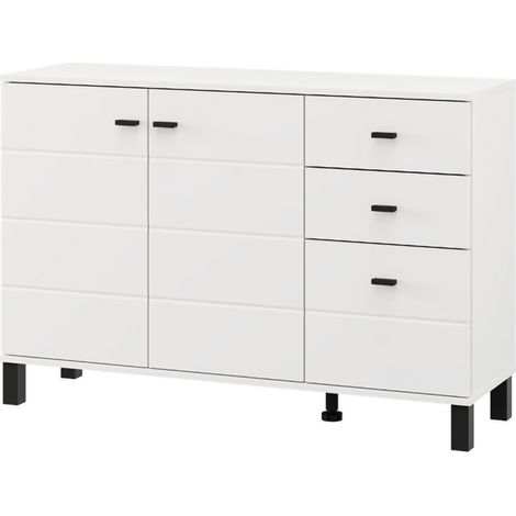 Credenza Guatav, Madia 3 Cassetti, 2 Ripiani, Apertura Battente, Scorrevole, 116x35x78h cm Bianco Opaco