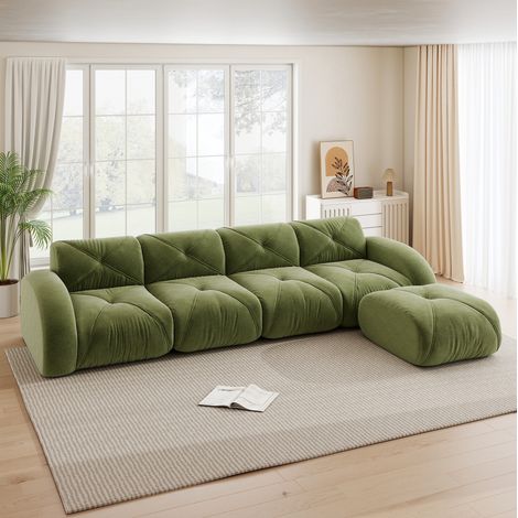 Divano angolare modulare 358/171 cm in ciniglia verde, senza struttura e con pouf (1/5)