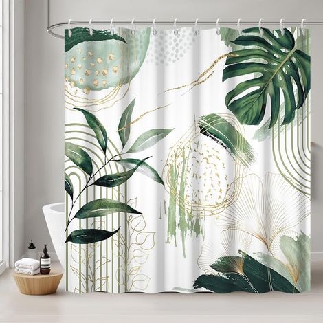 Rideau Douche 180x180cm Vert Tropicale Feuilles de Palmier Jungle Boheme Rideaux de Baignoire Tissu Lavable Imperméable Rideaux Salle de Bain