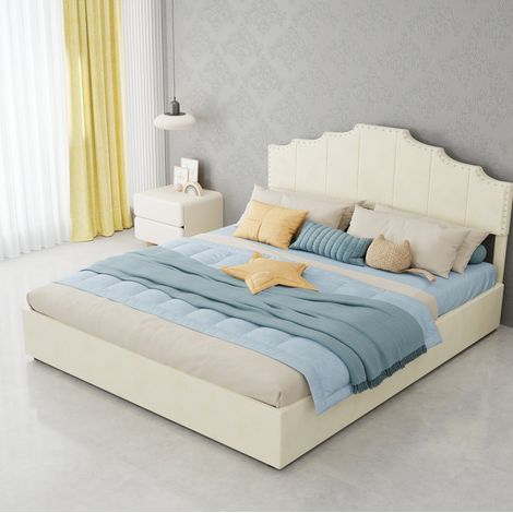Lit coffre moderne en tissu beige 160x200 cm avec tête de lit géométrique rembourrée et sommier à lattes