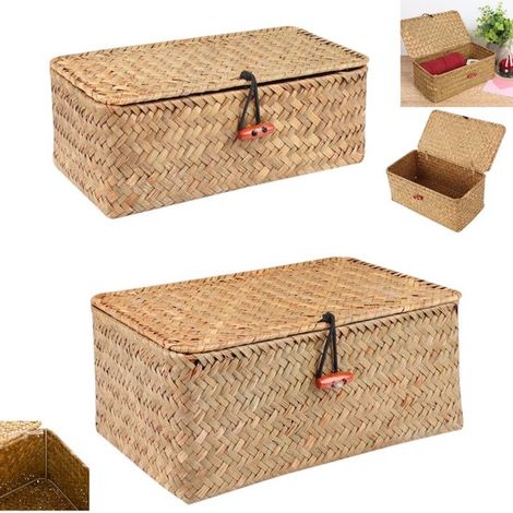 2 pièces Panier de rangement en osier avec couvercle - Panier de rangement - Boîte de rangement en algues tissées à la main - (1/5)