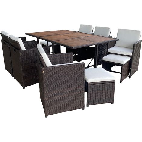 Set da giardino componibile da 10 posti in resina intrecciata marrone con cuscini beige + fodera TOLEDO