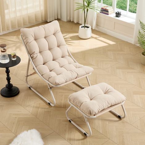 Chaise longue avec repose-pieds et coussin, en acier, style moderne, Beige Mastic (1/5)