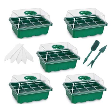 5 Pack Bac à Semis Vert Mini Plateau Semence Serre Potager pour Semis 12 Trous avec Outils de Plantation et Étiquettes de Plantes (1/5)