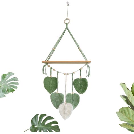 Étagère Murale Suspendue Macramé - Étagère Flottante en Bois avec Cordon Coton - Pour Plantes, Photos, Livres - Hauteur 80 cm - 1 Pièce (1/5)