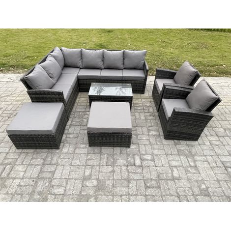 Fimous 10 Seater Rattan Lounge Corner Sofa Set Wicker PE Outdoor Garden Furniture Set with Coffee Table 2 Big Footstool 2 Armchair Dark Grey Mixed