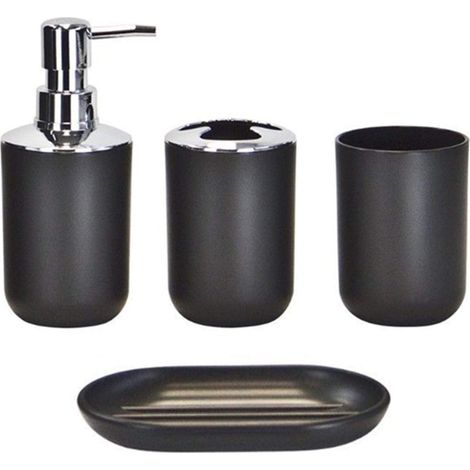 Ensemble D'Accessoires De Salle De Bain 4 Pièces Avec Distributeur De Savon, Support De Brosse À Dents, Tasse À Dents Et Porte-Savon (Noir) (1/5)