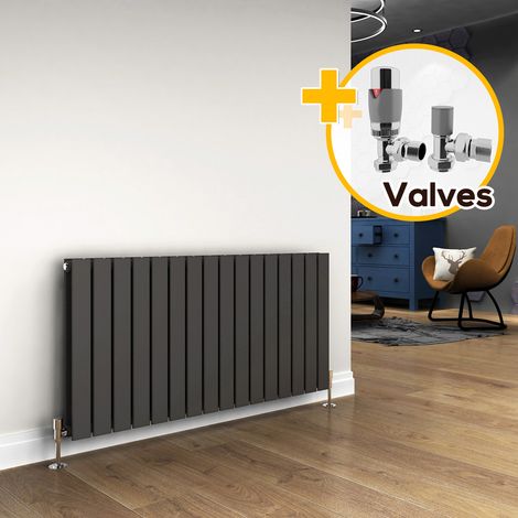 ELEGANT 600 x 1216 mm Anthracite Designer Radiator Horizontal Column Double Flat Panel Radiator Heater + Chrome Thermostatic Radiator Valves (1/5)