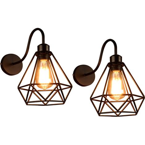 2PCS Retrò Luce a Muro Industriale E27 Lampada a Muro Gabbia Diamante in Metallo Nero
