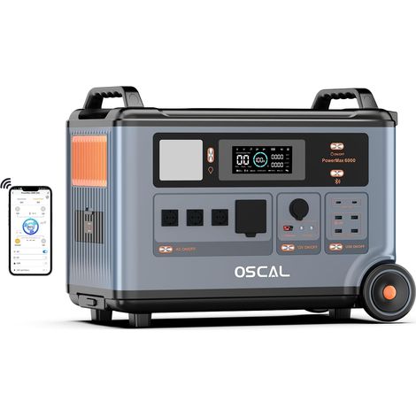 OSCAL PowerMax 6000 Station électrique portable 3600 Wh, extensible jusqu'à 57,6 kWh, prises CA 120 V/240 V, 6000 W (crête 7200 W), générateur solaire pour usage domestique