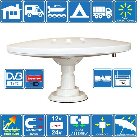 Helio-Magnet amplifiée numérique omnidirectionnelle d'antenne TV HD de Gain Haut 33dB TNT DVB-T2 FM Dab. 12V / 24V pour Camping-Car, Poids Lourd, Camion, Caravane, Bateau ou Camping par (1/5)
